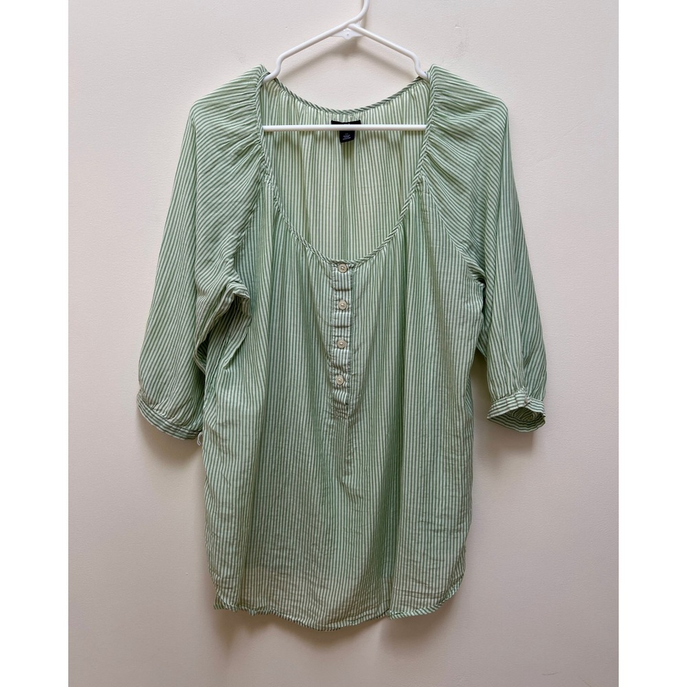 Gap Blouse Women XL Green Striped Henley Cotton Silk Blend 3/4 Sleeve Casual